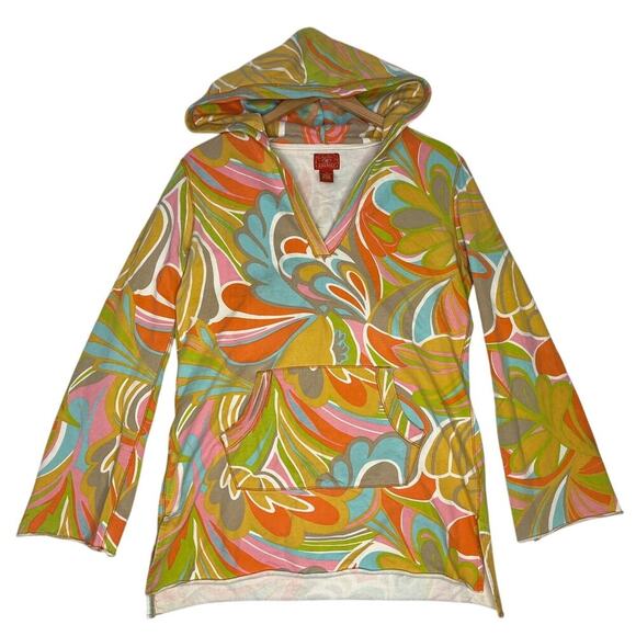 Lucky Brand y2k Bell Sleeve Hoodie Psychedelic Groovy Print VNeck sz S 70s - Picture 1 of 8
